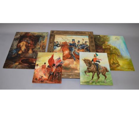 5 Oil on board mostly war related paintings by Westwood, R. D. 4 unframed, one framed. Various sizes.