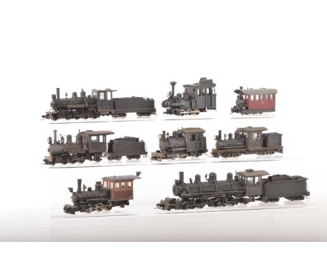 American outline HOe Narrow Gauge brass and plastic kitbuilt/modified black Steam Locomotives (8) 2-6-2, 2-8-0 and 2-6-6-2 Te