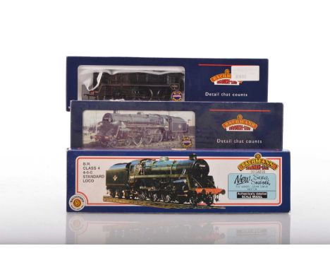 Three Bachmann boxed 00  Gauge BR black Standard Class 4 and 5MT 4-6-0 Locomotives and Tenders (3), 31-105 Class 4 black 7507