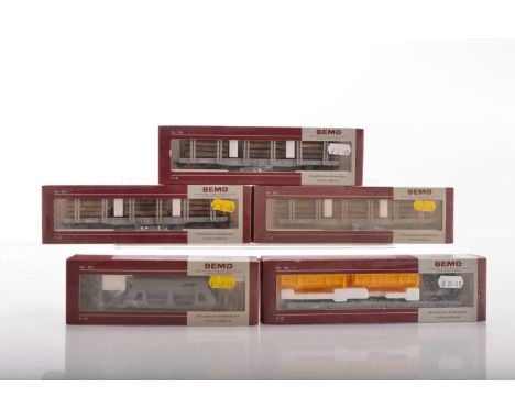 Bemo HOe/HOm Swiss Stake Flat Cars and Other Freight Stock (5), all boxed, 2282 118, Rungenwagen with log loads, (3), 2287 11