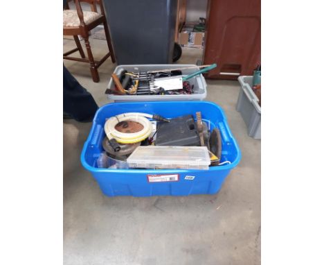 Two large boxes of tools, hammers, saws etc.,