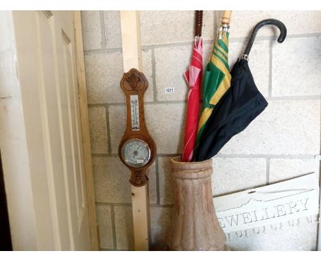 A banjo barometer, jewellery hooks and a walking stick/umbrella pot