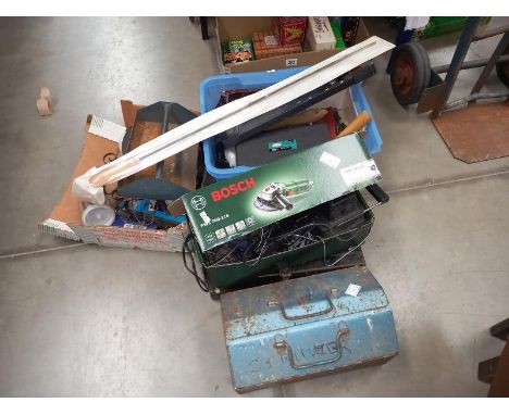 A box of paint spray equipment, box of sanders &amp; polishers, 2 boxes assorted tools, box small tools, sockets, drills etc.