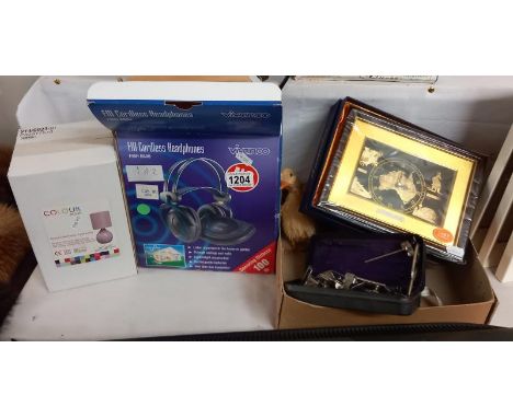 A mixed lot of items including Colour match lamp &amp; cordless headphones etc.