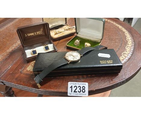 2 cased pairs of cufflinks, 2 cased tie pins and cased Rotary watch and 1 other
