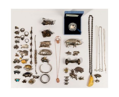 Silver Jewelry Assortment  Mostly pig-form jewelry including rings, pendants, pin, key chain, bracelets, earrings and brooche