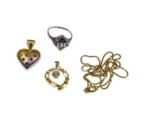 18k Yellow and White Gold Jewelry Assortment  (4) items including a white gold ring having a round cut diamond flanked by fou