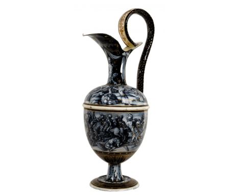 Limoges Painted Enamel Ewer  Grisaille painted enamel on copper with gold highlights; initial signed 'PR' at foot of tree, de