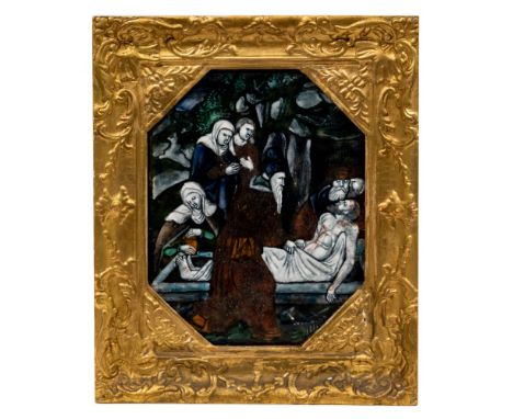 Limoges 'Entombment of Christ' Enamel Painted Plaque  Polychrome painted octagonal panel, depicting the entombment of Christ,