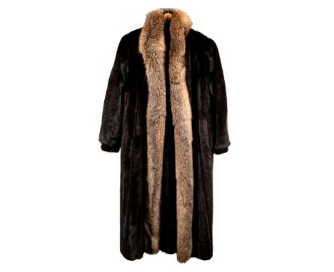 Mink and Fox Fur Full Length Coat  Maple Furrier a-line having a vertical brown pelt with a fox shawl collar running full len