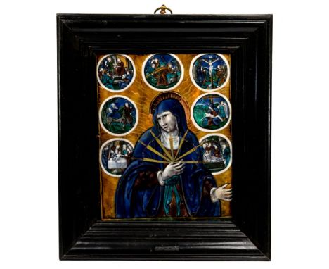 Limoges 'Mater Dolorosa' Painted Enamel Plaque  Rectangular plaque having polychrome painting and gilt accents depicting a gr