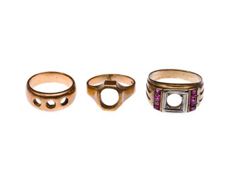 18k and 10k Yellow Gold Setting Assortment  (3) settings including an 18k gold and (2) marked '10k' gold inside bands with on