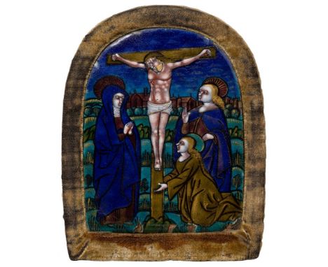 Limoges 'Crucifixion' Painted Enamel Plaque  Arched rectangular panel; in a velvet covered frame  Provenance: Collection of L