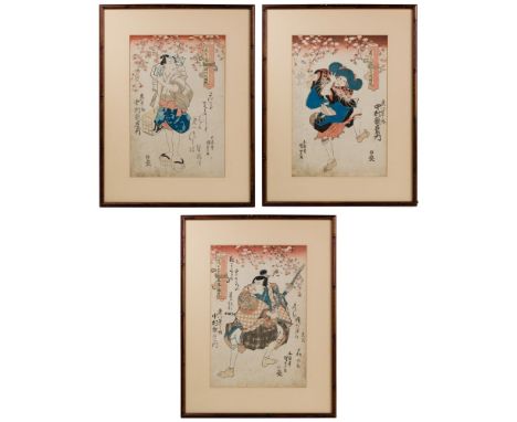 Chinese Print Assortment  (3) polychrome prints depicting male figures, all matted and framed under glass  Property from: an 