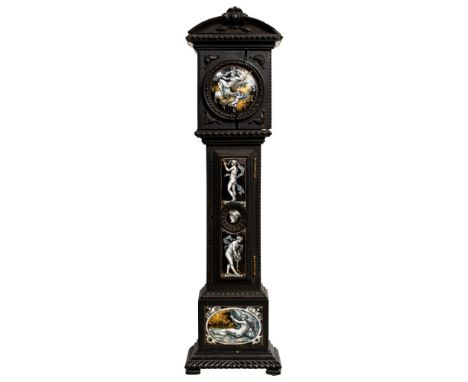 Miniature Enameled Case Clock  c.1880 key wind and set miniature tall case clock having (5) polychrome painted enamel panels 