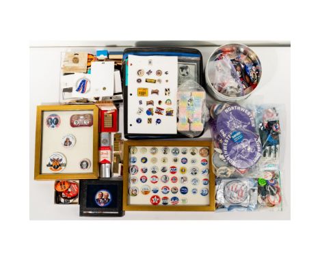Lighter and Pin Back Assortment  Including (8) lighters and approximately (15) pounds of enamel pins and political and novelt