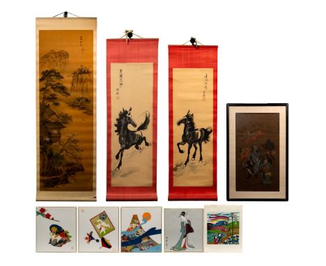 Asian Scroll Assortment  (4) items including a Chinese gouache on silk depiction of a deity riding a lion, attended by (2) me
