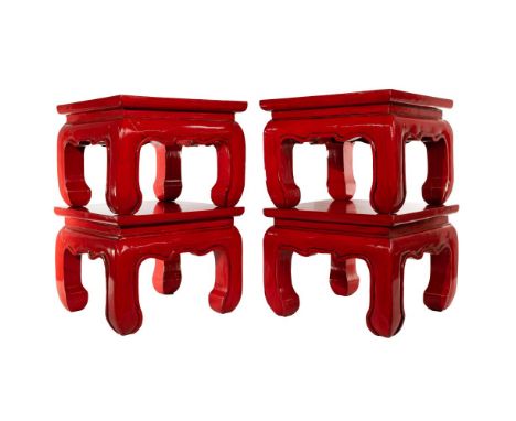 Ming Style Wood Table Set  (4) identical tables having a square shape and red lacquer style finish  Property from: a Napervil