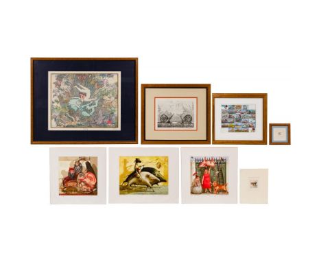 Print Assortment  (8) items including Robert Klunk (American, 20th-21st century) 'Foreplay' hand-colored etching, signed, tit