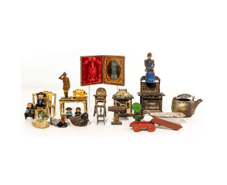 Cast Metal Toy Assortment  (30) items including a 'Royal' stove, a building shaped bank, a table with (4) chairs, a bathtub, 