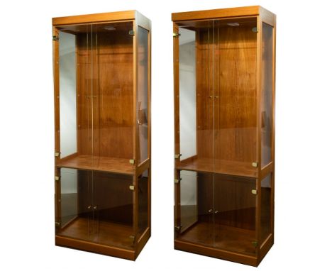 Wood and Glass Display Cabinets  Pair, having (2) glass doors over (2) glass door, doors having brass knobs and hinges; adjus