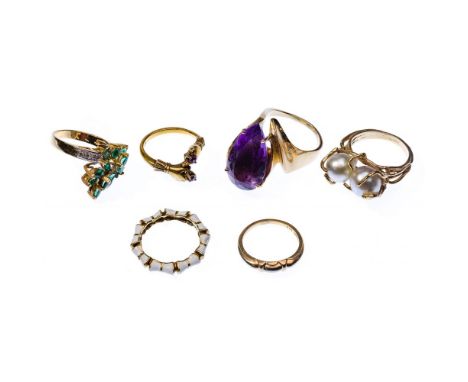 14k Yellow Gold Ring Assortment  (6) rings including round cut rubies, white enamel, pearls, emeralds and diamonds, a purple 