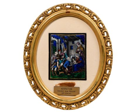 Limoges 'Adoration' Painted Enamel Plaque  Rectangular polychrome painted plaque depicting the adoration, in a later oval gil