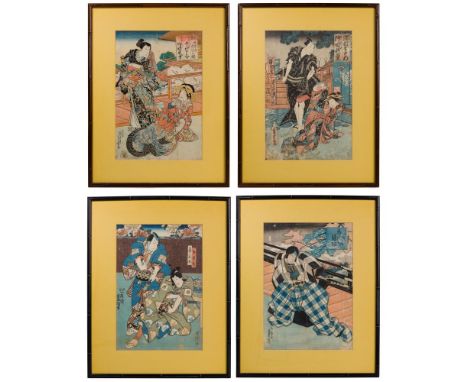 Chinese Print Assortment  (4) polychrome prints depicting male and female figures, all matted and framed under glass  Propert