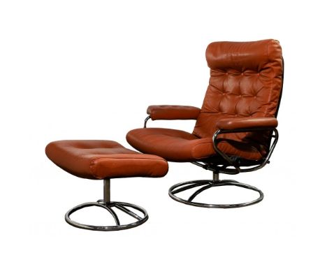 Leather Reclining Lounge Chair and Ottoman  MCM Scandinavian style tufted terracotta leather having tubular chrome ring swive