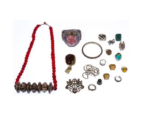 Sterling Silver Jewelry Assortment  Including necklaces, bracelets, rings, pendants and pins; some marked 'silver', some havi