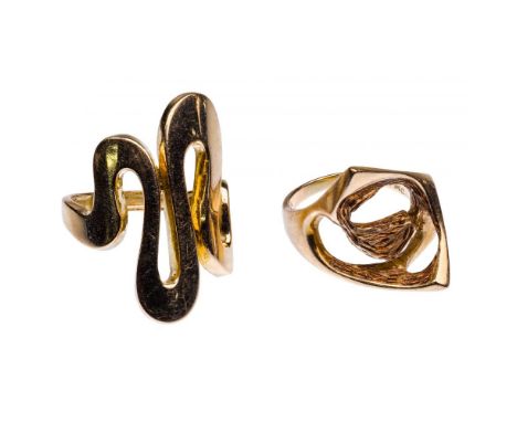 14k Yellow Gold Rings  (2) items including a textured front and a swirled front; both marked '14k' inside band  Property from
