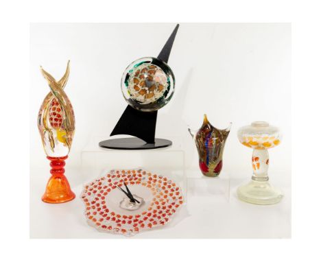 Carol Ott (American, 20th Century) Art Glass  (5) hand blown items having pig motif including a clock, (2) abstract sculpture