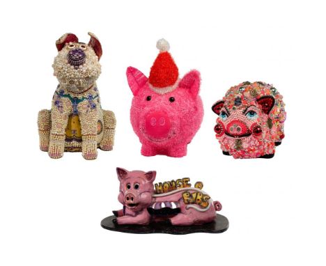 Decorative Pig Assortment  (3) hand made items including a ceramic and neon 'House o' Ribs' accent lamp, artist signed on bac