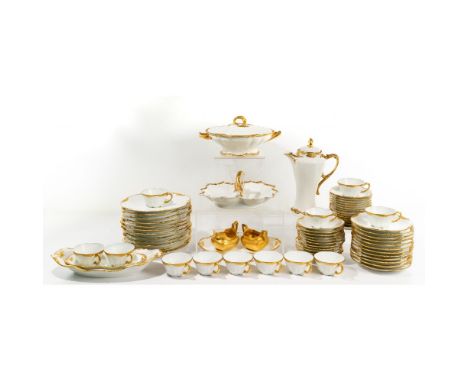 France Limoges JPL China Service  c.1914 (67) piece set of gilt-rimmed white from Jean Pouyat, all marked 'JPL France', inclu