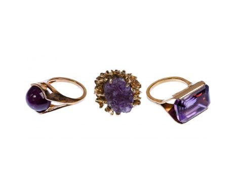 14k Gold and Amethyst Ring Assortment  (3) items including an agate amethyst in a yellow gold vine setting and in rose gold, 