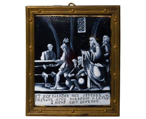 Limoges 'Christ Blessing a Prisoner in Stocks' Painted Enamel Plaque  Painted en grisaille on copper having gold accents, the