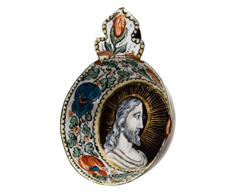 Limoges Painted Enamel Tastevin Wine Tasting Cup  Polychrome painted on copper cup having a flat handle, a portrait of Christ