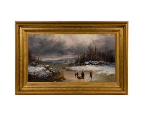 Unknown Artist Oil on Panel  Undated, unsigned, a depiction of a frozen body of water between two wooded and snow-covered ban