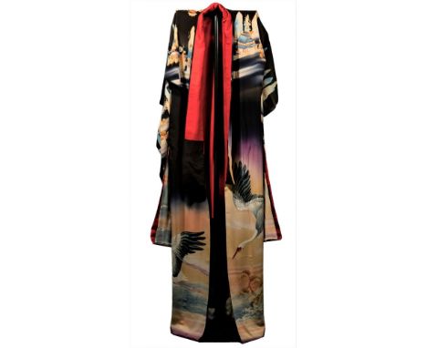 Asian Silk Kimono  Having printed decoration with embroidered accents depicting birds and landscapes; appears to be handmade 