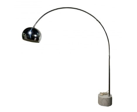 (Attributed to) Harvey Guzzini Chrome and Marble Arc Floor Lamp  MCM adjustable arc supported by a round marble base  Propert