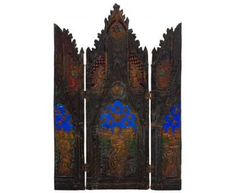 Repousse Enamel and Copper Triptych  Gothic style, polychrome on copper, in relief, depicting the Madonna and child having wo