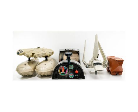 Star Wars Toy Assortment  (7) items by Kenner including a remote control Jawa Sandcrawler, (2) Rebel Transports, Millennium F