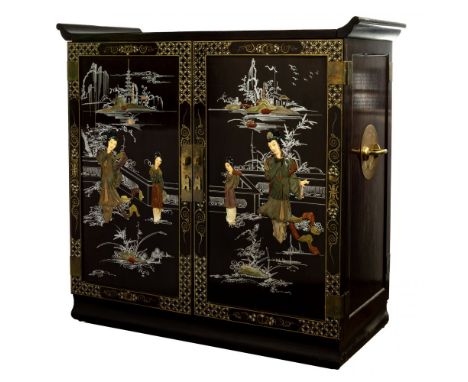 Asian Painted and Inlaid Bar Cabinet  (2) door and flip top cabinet that opens to reveal bottle and glassware holders and she