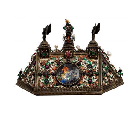 Viennese Silver, Enamel and Gemstone Casket Lid  Having pearls, emeralds, rubies and diamonds flanked by polychrome enamel sc