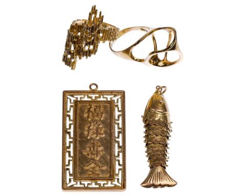14k Yellow Gold Jewelry Assortment  (4) items including (2) rings and (2) pendants; all marked '14k'  Property from: a Chicag