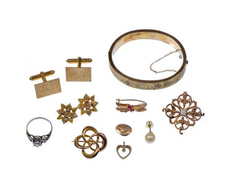 10k Gold Jewelry Assortment  (10) items including pins, cuff links, earrings, pendant, ring and bracelet  Length: 2 1/4 inche