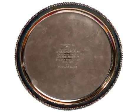 Tiffany &amp; Co Sterling Silver Presentation Tray  Having a beaded edge, engraved 'Presented to James R. Boris in recognitio
