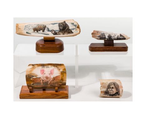 Mammoth and Walrus Ivory Scrimshaw Assortment  (4) pieces, each signed or monogrammed including a nautical scene, pig, Native