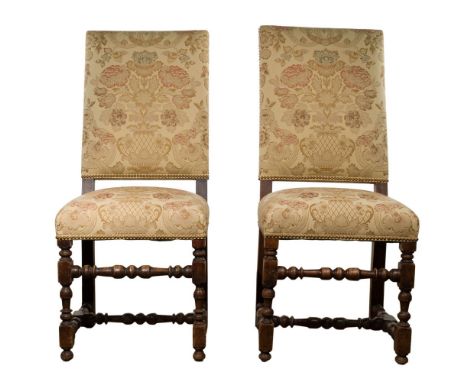 Mahogany Framed Upholstered Chairs  Having brocade upholstery, nail head trim, turned front legs and spreaders  Property from