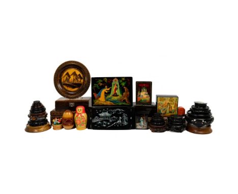 Decorative Wood Assortment  (32) items, boxes including (5) hand painted Russian lacquer boxes having figural and cityscape m